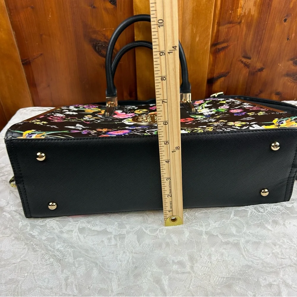 DASEIN Large Vegan Leather Floral Black Flower Satchel Handbag Shoulder Tote